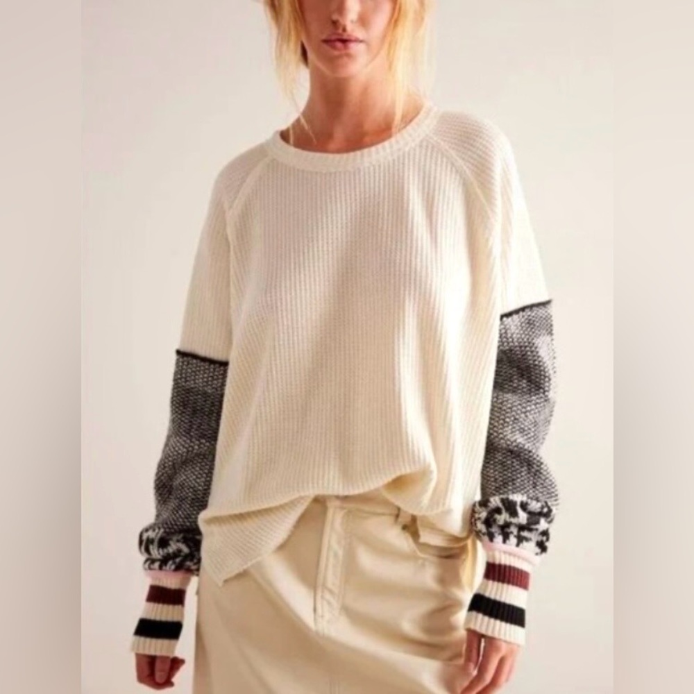We The Free Cream and Black Long Sleeve Top
